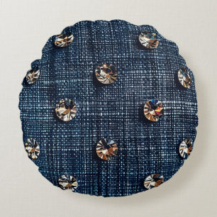 Stylish Denim and Diamond Round Throw Pillow