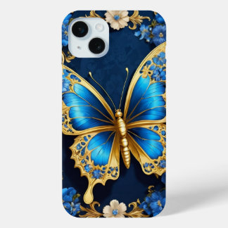 Stylish Design of Golden Butterfly and Blue iPhone 15 Plus Case