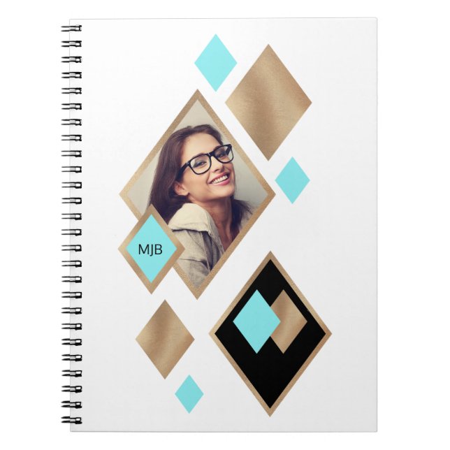 Stylish Diamond Geometric with Photo and Monogram Notebook (Front)