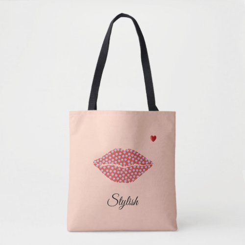 Stylish diamond lips calligraphy  heart on coral tote bag