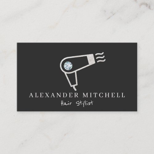 Stylish Diamond White Glitter Hairdryer Logo Salon Business Card