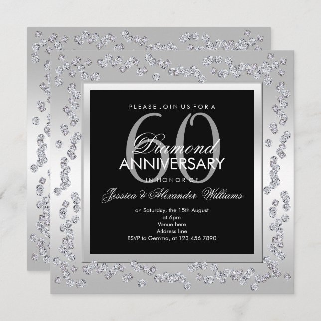 Stylish Diamonds Silver 60th Wedding Anniversary Invitation (Front/Back)