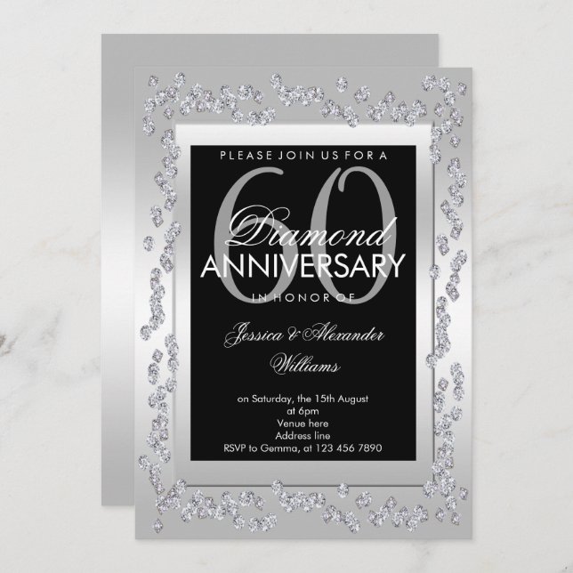 Stylish Diamonds Silver 60th Wedding Anniversary Invitation (Front/Back)