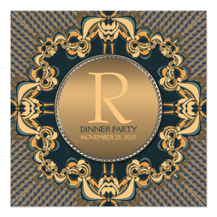 Stylish Dinner Party Monogram Teal Gold Invitation