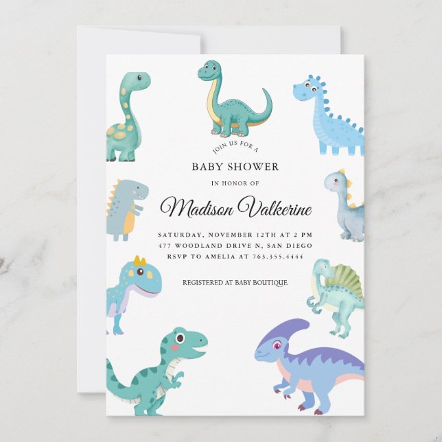 Stylish Dinosaur Baby Shower White Invitation (Front)