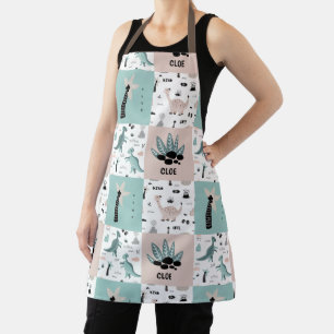 Stylish Dinosaur Block Pattern with Custom Name Ap Apron