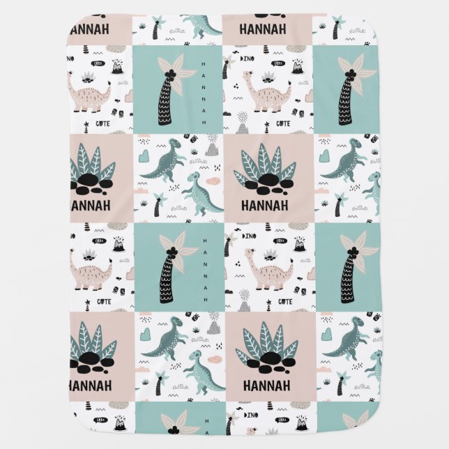 Stylish Dinosaur Block Pattern with Custom Name Baby Blanket (Front)