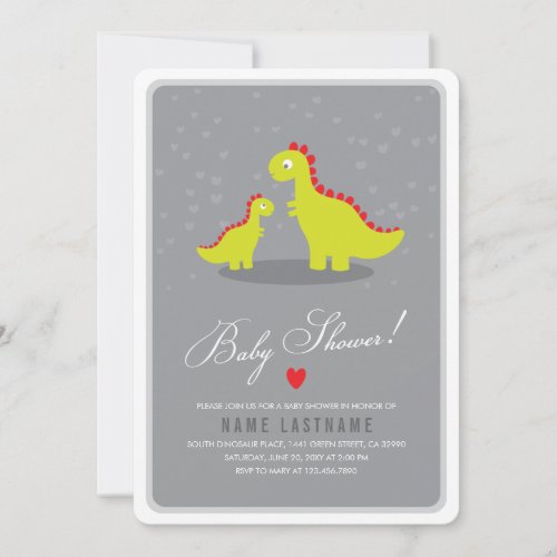 Stylish Dinosaur Grey Baby Shower Invite Rounded