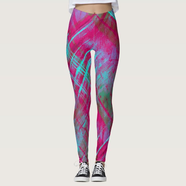 Stylish Distressed Plaid Check Pink Purple Aqua Leggings (Front)
