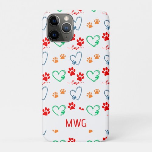 Stylish DOG PAW PRINTS and LOVE HEARTS Monogram iPhone 11 Pro Case