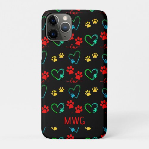 Stylish DOG PAW PRINTS and LOVE HEARTS Monogram iPhone 11 Pro Case