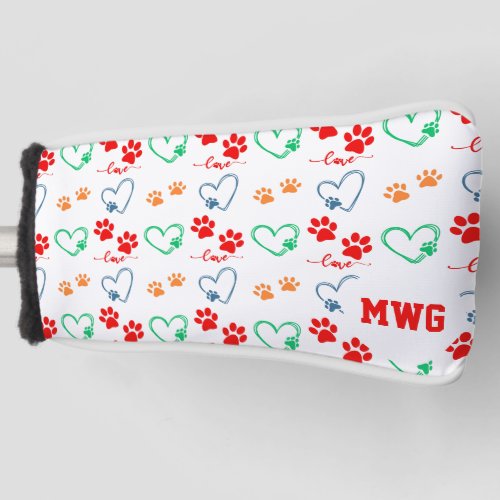 Stylish DOG PAW PRINTS and LOVE HEARTS Monogram Golf Head Cover