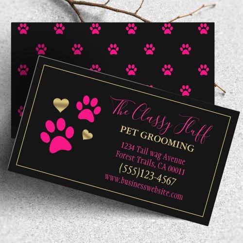 Stylish Dog Pet Grooming Paw Print Pink Black Business Card