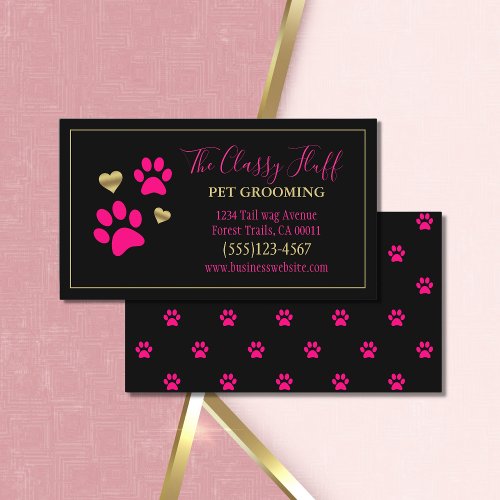 Stylish Dog Pet Grooming Paw Print Pink Black Business Card