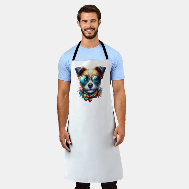 Stylish Dog With Glasses Colorful Modern Pet Art Apron (Worn)