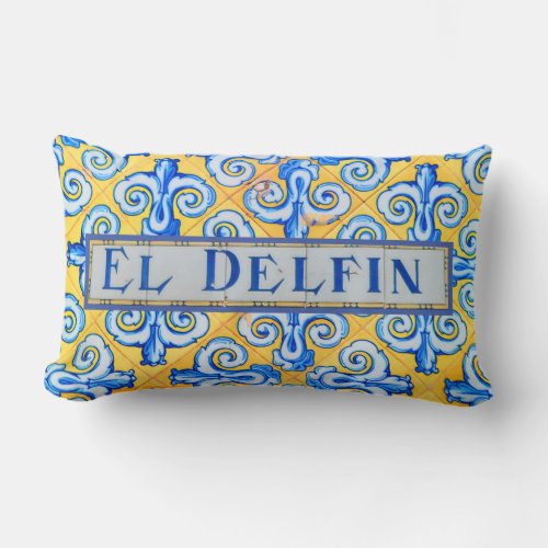 Stylish Dolphin Blue and Yellow Spanish Language Lumbar Pillow