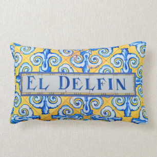 Stylish Dolphin Blue and Yellow Spanish Language Lumbar Pillow