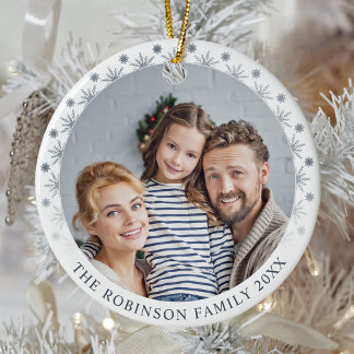 Stylish Double Sided Two photo Silver Snowflakes Ceramic Ornament