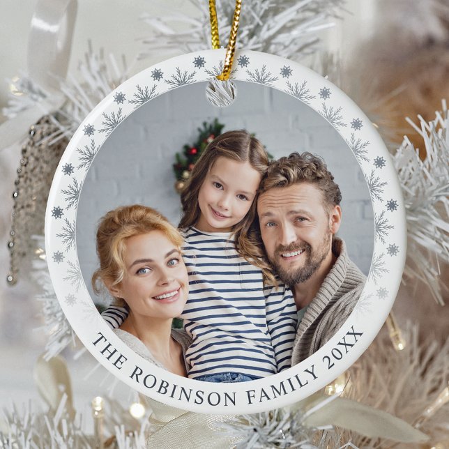 Stylish Double Sided Two photo Silver Snowflakes Ceramic Ornament (Creator Uploaded)