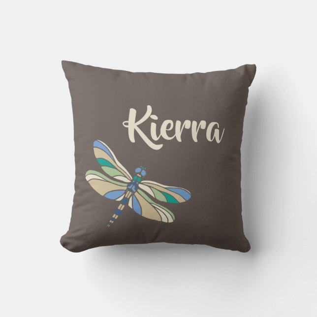 Stylish Dragonfly in Brown and Blue With Name Throw Pillow (Front)