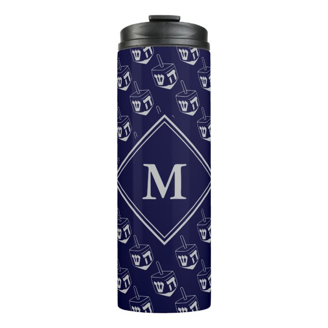 Stylish DREIDEL Monogram Blue Gray Thermal Tumbler (Front)