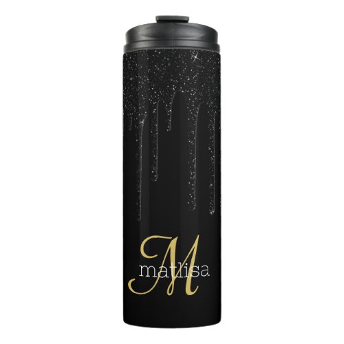 Stylish Dripping Glitter Black Gold Monogram Name  Thermal Tumbler