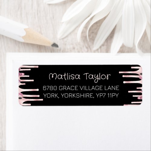 Stylish Dripping Glitter Handwriting Black Pink  Label