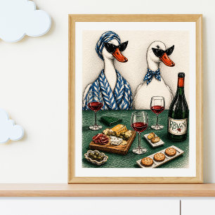 Stylish Duck Couple Wine And Cheese Art Poster