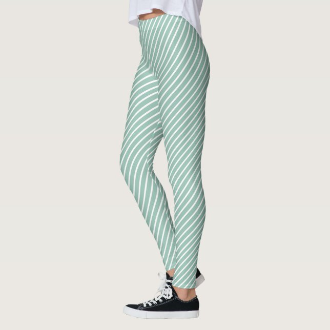 Stylish Duck Egg Blue Diagonal Striped Exercise Leggings (Left)