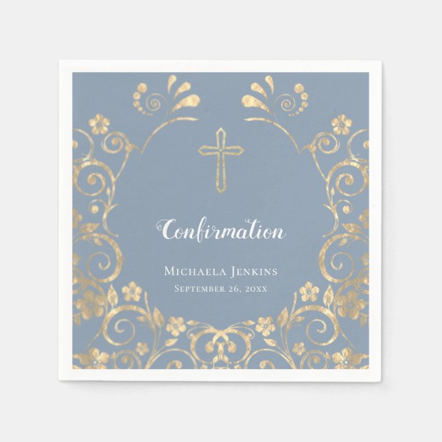 Stylish Dusty Blue and Gold  Confirmation  Napkins (Front)