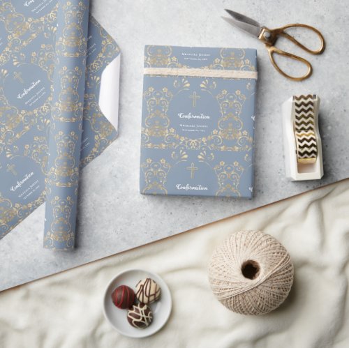 Stylish Dusty Blue and Gold  Confirmation  Wrapping Paper