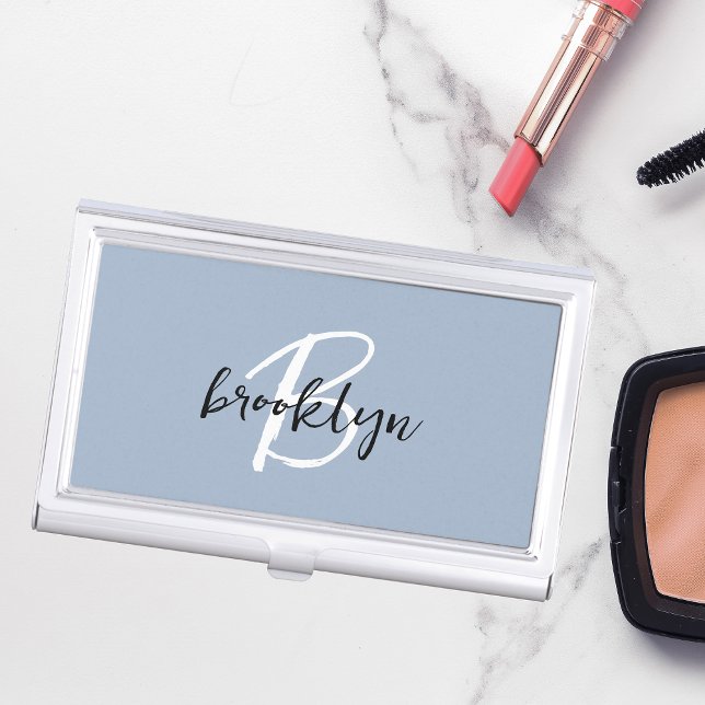 Stylish Dusty Blue Black White Monogram Business Card Case (Creator Uploaded)