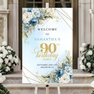Stylish dusty blue eucalyptus gold 90th birthday poster