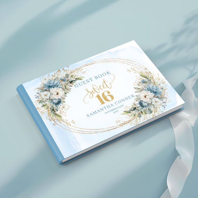 Stylish Dusty Blue Floral Gold Sweet 16th Guest  Guest Book (Stylish Dusty Blue Floral Gold Sweet 16th Guest Book)