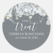 Stylish Dusty Blue Floral Take A Treat Calligraphy Classic Round Sticker (Front)