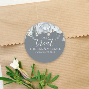 Stylish Dusty Blue Floral Take A Treat Calligraphy Classic Round Sticker