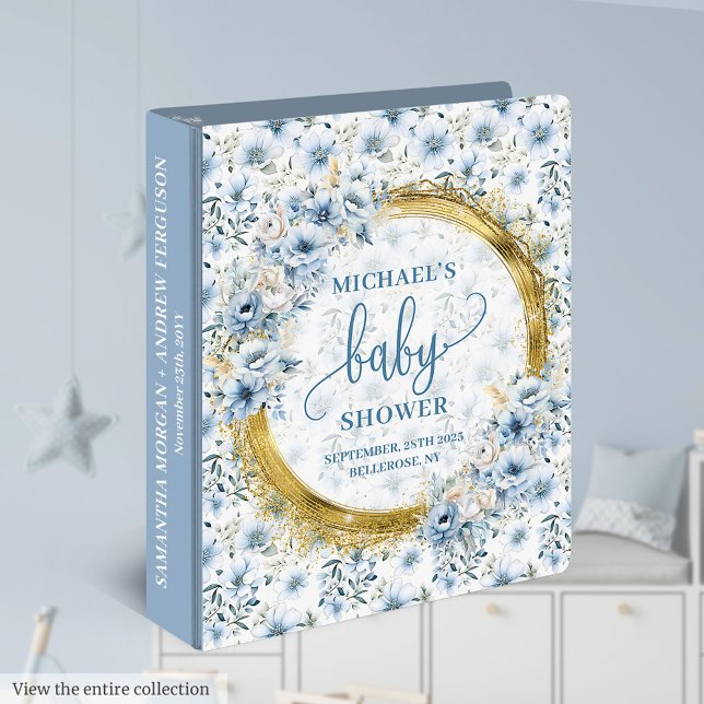 Stylish dusty blue flowers gold boy baby memory  3 ring binder (Stylish dusty blue flowers gold boy baby memory 3 ring binder)