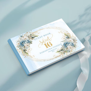Stylish Dusty Blue Flowers Sweet Sixteen Birthday  Guest Book