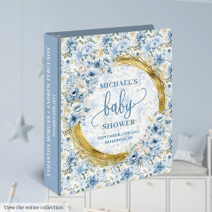 Stylish Dusty Blue Gold Baby Shower Memory Album 3 Ring Binder