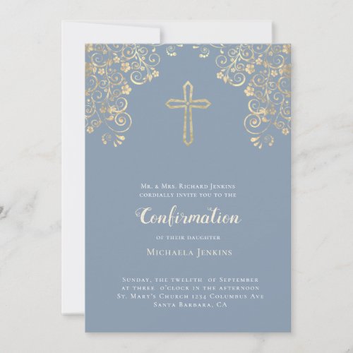 Stylish Dusty Blue Gold Bible Verse Confirmation Invitation