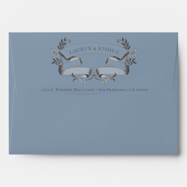 Stylish Dusty Blue Gray Text Wedding Envelope (Back (Top Flap))