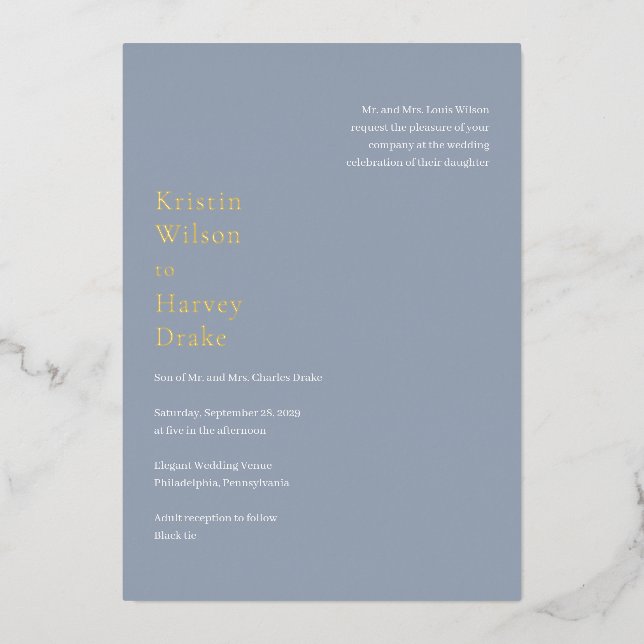 Stylish Dusty Blue Modern Wedding Foil Invitation (Front)