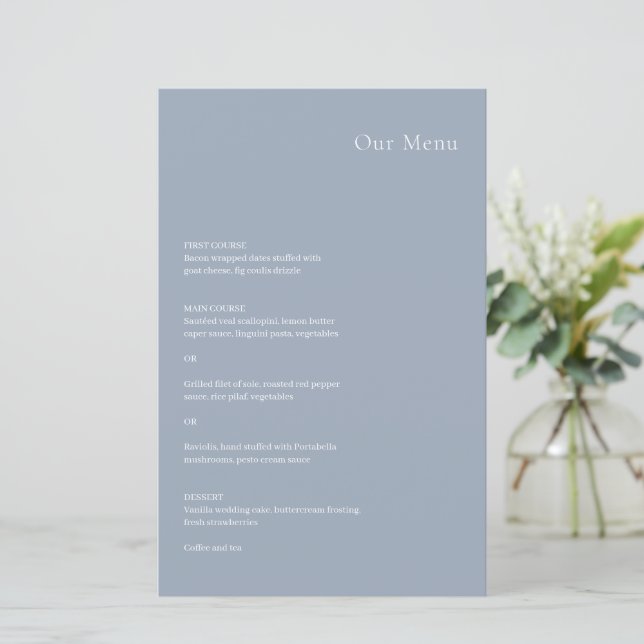 Stylish Dusty Blue Modern Wedding Menu (Standing Front)