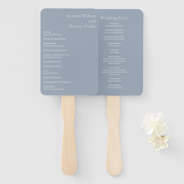 Stylish Dusty Blue Modern Wedding Program Hand Fan (Front and Back)