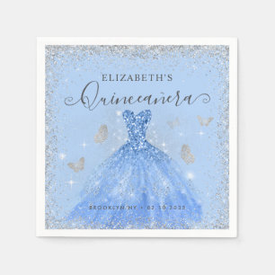 Stylish Dusty Blue Silver Glitter Gown Quinceañera Napkins