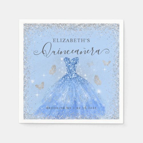 Stylish Dusty Blue Silver Glitter Gown Quinceaera Napkins
