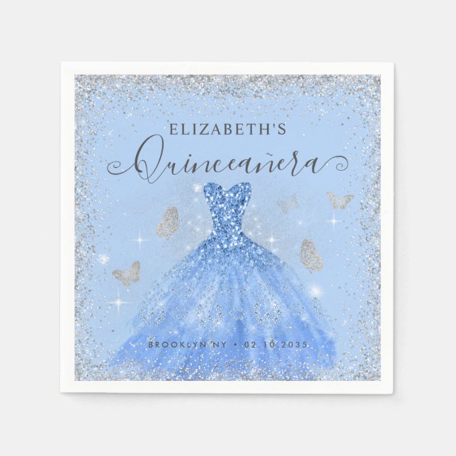 Stylish Dusty Blue Silver Glitter Gown Quinceañera Napkins (Front)