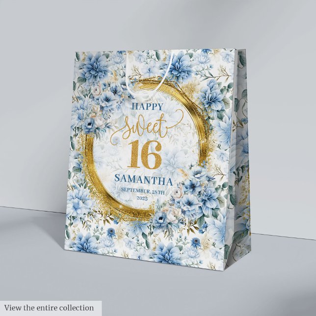 Stylish Dusty Blue Sweet 16 Gold Glitter Gift Bags (Stylish Dusty Blue Sweet 16 Gold Glitter Gift Bags)