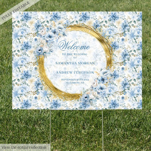 Stylish dusty blue watercolor gold wedding welcome sign