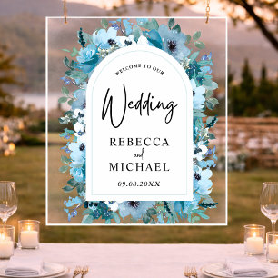 Stylish dusty blue white flowers wedding welcome  acrylic sign